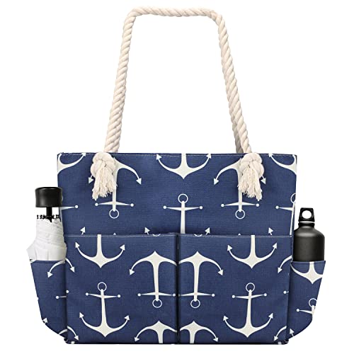 Bellzacasa Große Strandtasche, Shopper wasserabweisend Schultertasche (Blauer Anker) Cover
