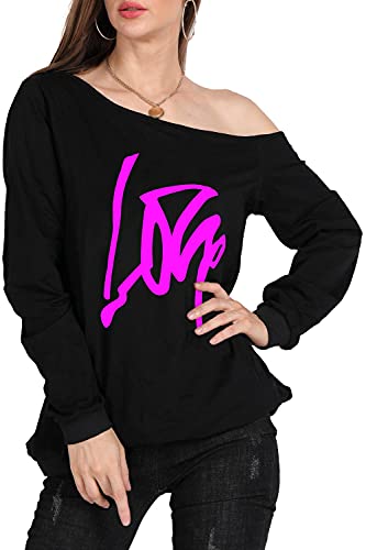 Image of MAGICMK Woman's Sweatershirt Lips Print Causal Blouse Off The Shoulder Long Sleeve Loose Slouchy Pullover Plus Size Tops
