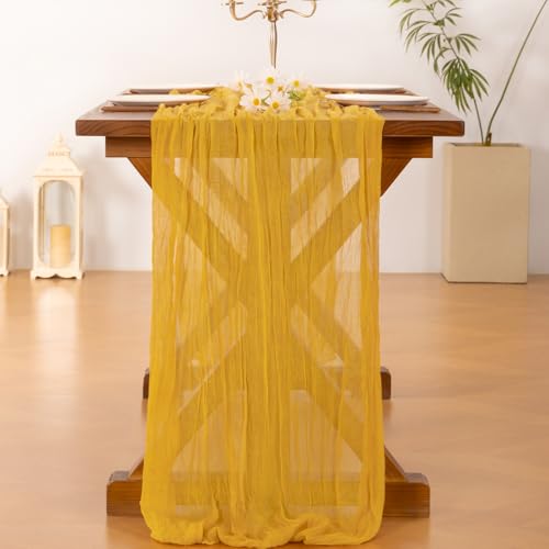 Image of Socomi 2pcs Gold Yellow Easter Spring Cheesecloth Table Runner Boho Rustic Gauze 120 inch 10FT Cheese Cloth Runner for Wedding Party Baby Shower Birthday Home Decor Holiday Decorations