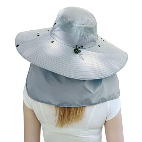 Image of Women Wide Brim Face Mask Sun Hat Detachable Neck Face Flap Ponytail UV Protection Visor Hat Garden Fishing Hiking