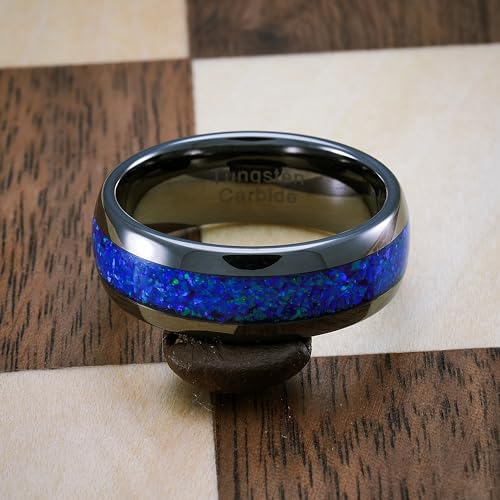 100S JEWELRY Engraved Personalized Gunmetal Tungsten Rings For Men Blue Opal Inlay Wedding Engagament Promise Band Size 6-164