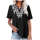 Women's Cotton Linen 3/4 Sleeve V Neck Tunic Top Tees Vintage Embroidery Blouses Casual Loose Fit Summer Shirts Tops