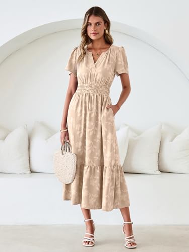 Image of Simplee Womens Summer Boho Maxi Dress Semi Formal Wedding Guest Short Sleeve V Neck Empire Waist Floral Long Dresses