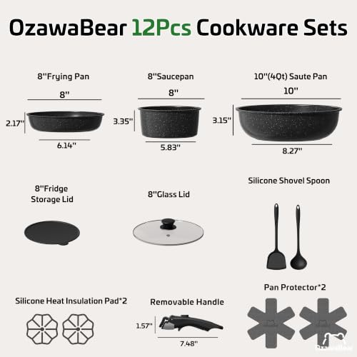 Image of 12 Pcs Pots and Pans Set Non Stick, Ceramic Cookware Set Non Toxic with Detachable Handles, Healthy Induction Cookware Oven Safe RV Kitchen Set, PFAS PFOA & PTFE Free, Black