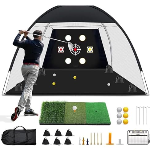 Lunarthos Golf Net 10 x 6.6 FT Practice Set with Tri-Turf Mat, Balls, Tees, and Carry Bag, All-in-One Multi-Target Training Aid for Outdoor & Indoor - Gifts for Men, Dad, Husband