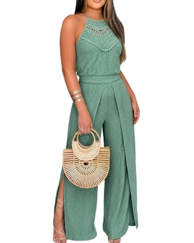 CHICME Women's Eyelet Halter Jumpsuit High Waist Wide Leg Outfit-gr-S