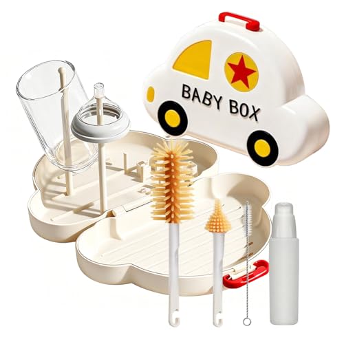 7-in-1 Baby Bottle Brush Set with Silicone Nipple & Straw Brushes, Soap Dispenser, Foldable Drying Rack, Portable Case – for Home & Travel