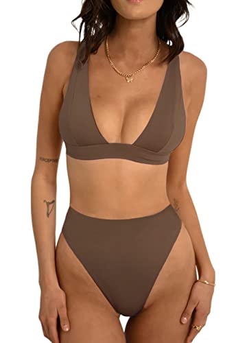 Forjunlyup Women's Brazilian Thong Bikini Cute Bbathing Suits High Waisted Bikini Bottom 2 Piece Brown Bikini Set(Brown,M)