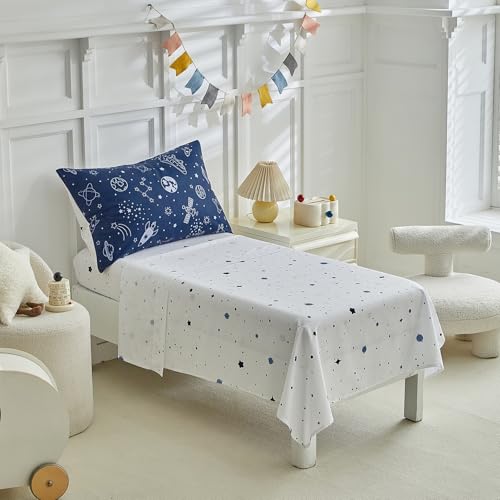 Image of DuShow Navy Blue Toddler Bedding Set for Boys,4 Pieces Space Crib Bed Sheets Set,Soft Toddler Comforter Set in a Bag, Includes Quilted Comforter, Flat Top Sheet, Fitted Sheet, Envelope Pillow Case