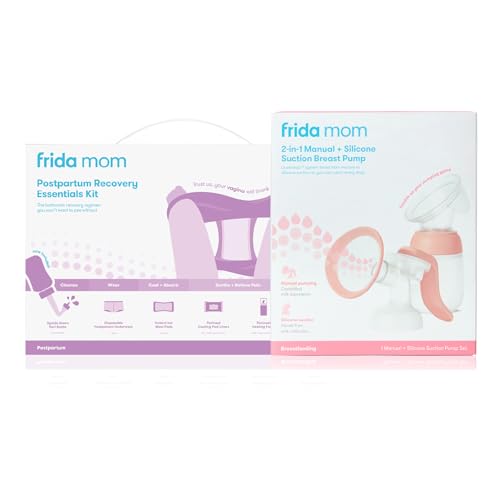 Image of Frida Mom Postpartum Recovery Essentials Kit and 2-in-1 Manual Breast Pump Bundle, 11pc Gift Set + Hands-Free Silicone Suction Cup Milk Collector and SoftFeel Flange for Breastfeeding