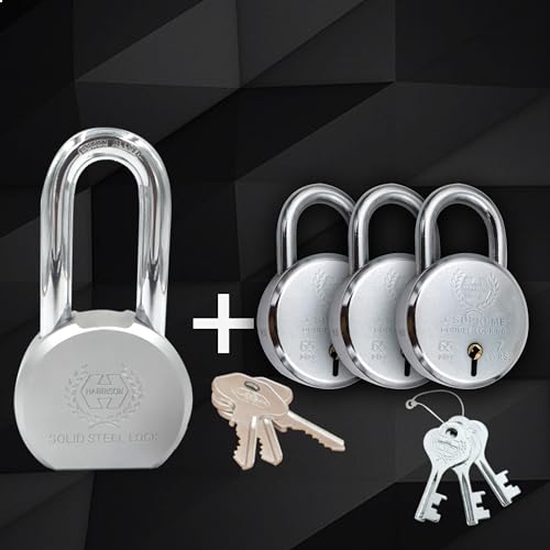 Image of Harrison Padlocks Free Long Shackle Padlock 65Mm 0949 With 3 Round Padlock 60Mm J - Supreme - 0672 Mild Steel Chrome Plated for Door, Shutter, Godown