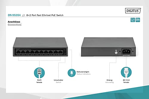 Digitus Switch Di Rete Poe - 10 Porte - Fast Ethernet - Non Gestito - 8 Porte RJ45 Poe + 2X RJ45 Uplink - 60W Poe Budget - Modalità Cctv - 10/100 Mbit/S - Nero - 2