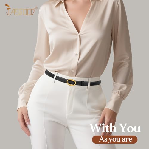 JASGOOD 2 Pack Women Leather Skinny Belt, Ladies Thin PU Leather with Alloy Buckle for Jeans Pants Dresses,Black+Coffee3