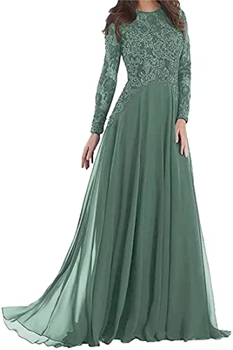 Lace Applique Mother of The Bride Dresses Evening Formal Gowns Long Sleeve Beaded Chiffon for Women Pleated DR01223