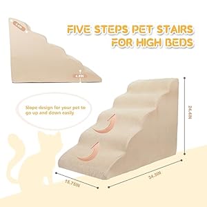   Dog-StairsSteps-24-inches-High-for-High-Beds-5-Tiers-Foam-Pet-Steps-for-Cats-Injured-Older-Dogs-Portable-Dog-Steps-with-Handle-Non-Slip-Bottom-Dog-Ramps-Color-in-Tan