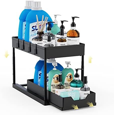 Yannimart Height Adjustable Under Sink Organizers and Storage for Bathroom and Kitchen Cabinet 2 Tier Under Sink Organizer with One Sliding as Home Kitchen Organization and Kitchen Must Haves