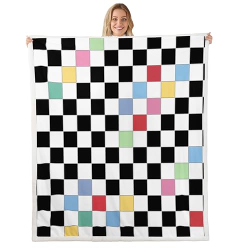 Image of Erosebridal Black White Checkered Kids Fleece Bed Blanket 40 inchX50 inch Colorful Checkerboard Grid Throw Blanket Funky Plaid Sherpa Blanket for Boys Girls Groovy Gingham Fuzzy Blanket for Couch
