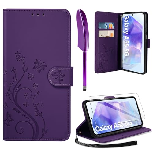 AROYI Lederhülle Kompatibel mit Samsung Galaxy A55 5G Hülle und Schutzfolie, Flip Wallet Handyhülle PU Leder Case Kartensteckplätzen Schutzhülle Kompatibel mit Samsung Galaxy A55 Dunkel Violett