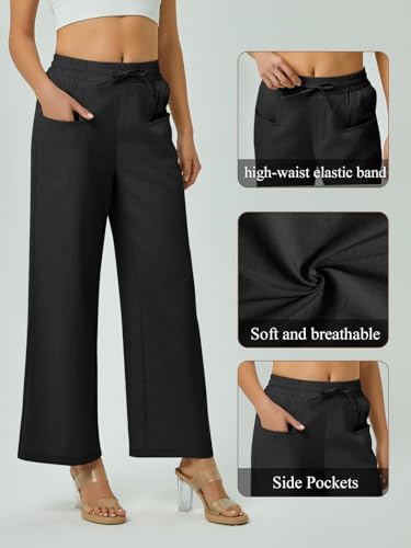 Women's Casual Linen Wide Leg Pants with Pockets Boho Palazzo High Waisted Drawstring Lounge Trousers2