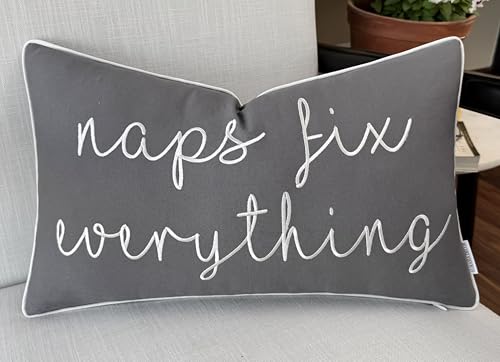 EURASIA DECOR Naps Fix Everything Embroidered Decorative Lumbar Accent Throw Pillow Cover - Living Room, Sofa, Chair, Patio, Car, Balcony, Bench, Porch, Office, Bedroom - 12x20 Inches, Dark Grey