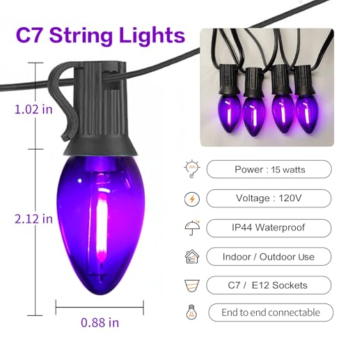 Image of 25FT C7 Purple LED String Lights, Black Wire Outdoor Halloween | IP44 Waterproof & Shatterproof, End-to-End Connectable, Perfect for Patio, Porch, Railing, Party or Holiday Decor