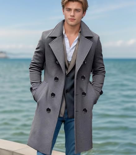 Image of FTIMILD Mens Wool Blend Pea Coat Warm Winter Trench Coat Notched Lapel Double Breasted Overcoat