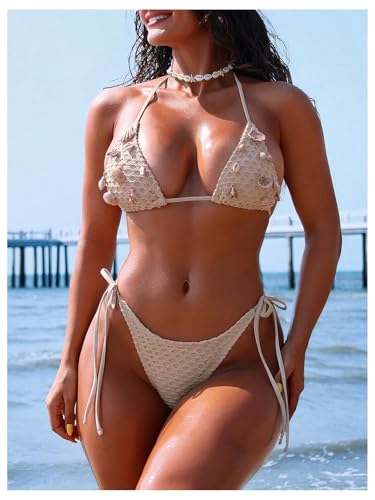 MakeMeChic Women's Bikini Sets Shell Halter Triangle Crochet Cheeky Summer Beach Swimsuit2