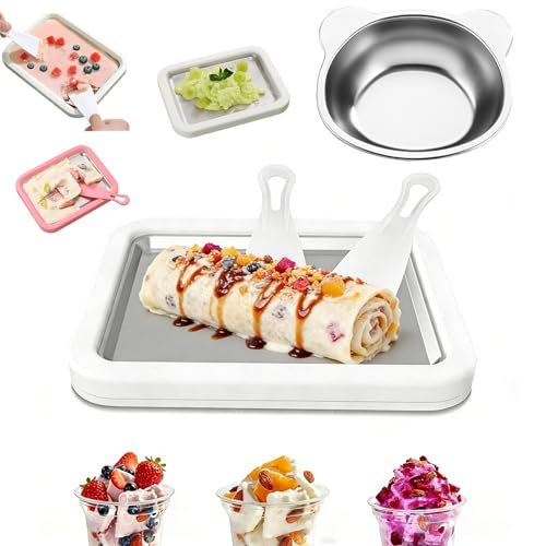 Ice Cream Roller Maker Kit with a Bear Bowl and 2 Scrapers Instant Rolled Ice Cream Tray Freezy Bake at Home DIY Yogurt Fruity Sorbet and Gelato for Families and Parties White