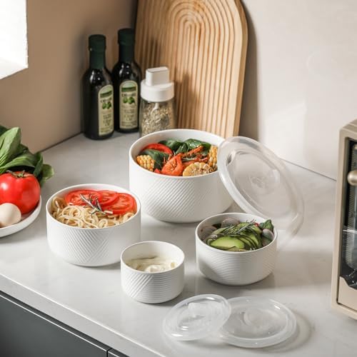 Ceramic Nesting Bowls with Lids: Mixing Bowls with Lids - Porcelain Food Storage Containers For Prep and Serving, Microwavable Kitchen Bowl Set of 4, 50/32/20/10 oz (White) - Thumbnail 4