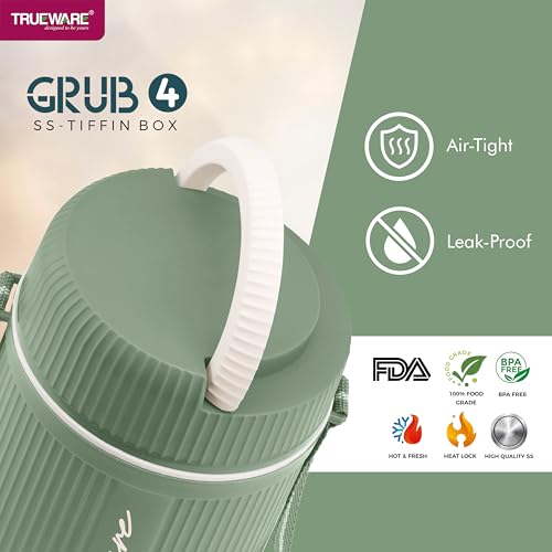 Image of Trueware Plastic Grub 4 Double Wall Insulated Hot Lunch Box with 3 Ss Container 300 Ml Each & 1 Ss Container 200Ml | Bpa Free | Food Grade | Hot and (LBI-GRB-004-Green BAZ)