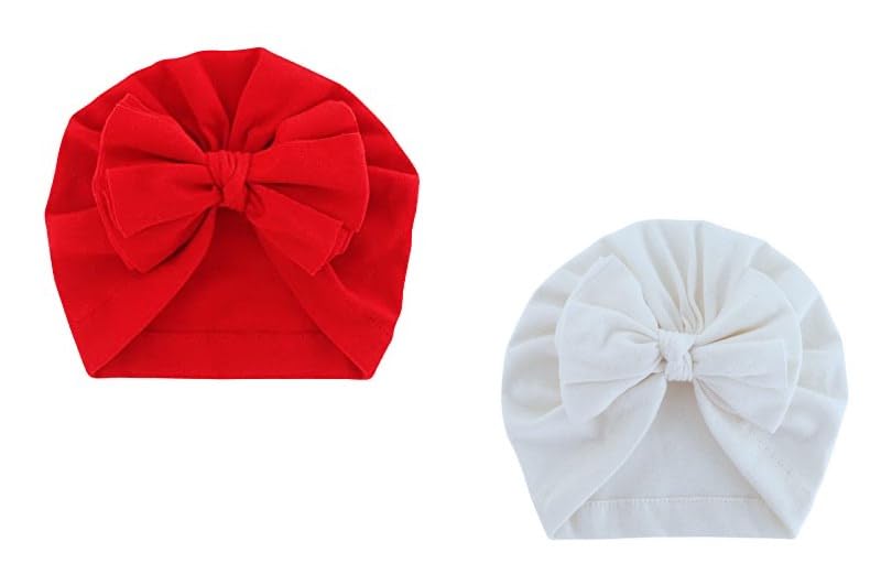 Aashiya Trades Set of 2 - Cotton Turban Knot Bow Cap for Baby Girls & Baby Boys Turban Bow Cap Red and White Bow - Review, Price and Buying Guide