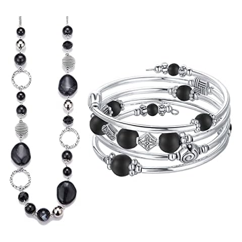 PEARL&CLUB Black Beaded Long Necklaces Set FashionJewelry Gifts for Women Cover