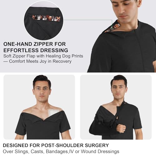 Men's Shoulder Surgery Shirt with One-Hand Zip for Chemo Port Access & Rotator Cuff Recovery & Puppy Flap Short Sleeve2