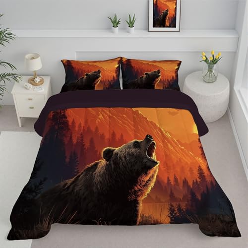 Piumino 200X200 Arancione Bruciato Orso Feroce Della Foresta, Trapunta In Morbido Caldo Microfibra Montagne Tramonto Per Bambino, Set Di Biancheria Coperta Da Letto Matrimoniale Con Piumone E Federe