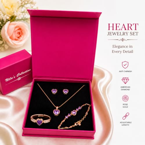 Image of Nilu's Collection Rose Gold And Silver Plated Heart Shape Jewellery Set For Women