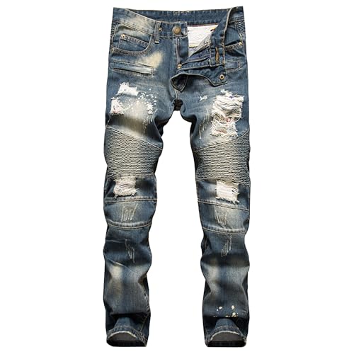 Men's Casual Distressed Biker Jeans Slim Fit Ripped Fashion Denim Pants Stratight Leg Regular Streetwear Jeans