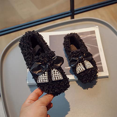 Winter Children Shoes Baby Girls Cotton Shoes Flat Non Slip Pearl Bow Plush Warm Lightweight Comfortable Slippers (Black, 10.5-11 Years Big Kids)4