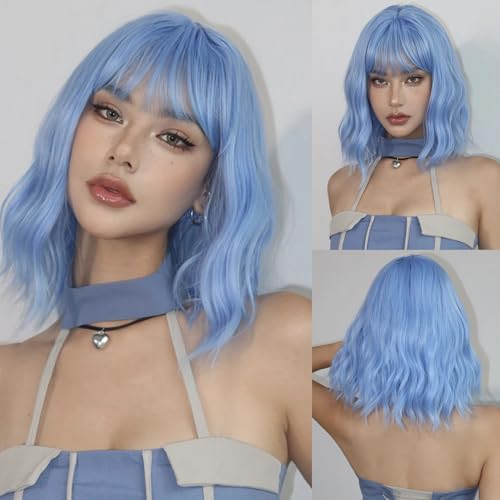 Image of Pastel Light Blue Wavy Bob Wig for Women, Short Shoulder Length Synthetic Wig with Bangs, Matte Natural Realistic Look Lightweight Hairpiece, Light Blue Color for Daily Wear & Cosplay Costume