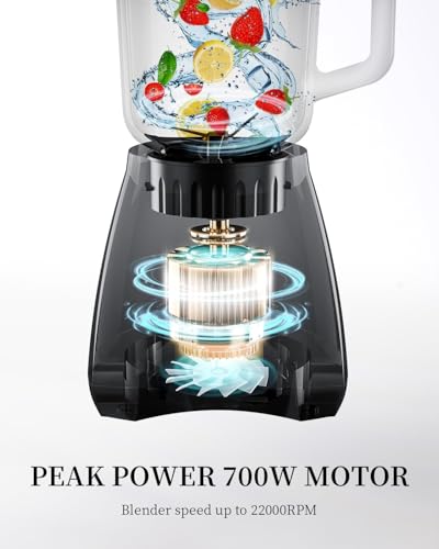 SHARDOR SHARDOR Standmixer, 700 W Spitzenleistung smoothie maker mit 1,5-Liter-Glasbehälter, Edelstahl 6-Klingen, 5 Geschwindigkeitsstufen für Milchshakes, Smoothies, Säfte und Eisgetränke, schwarz - Detailansicht 2 | Mixer