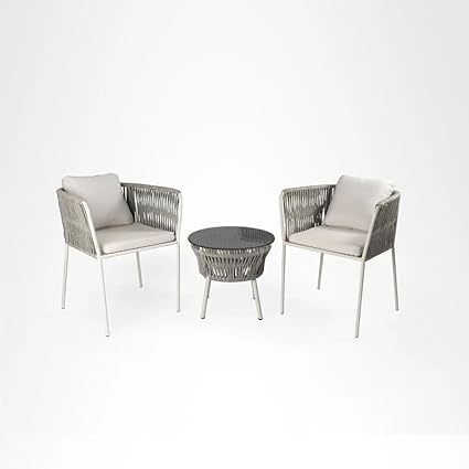 OUTLIVING Garden Patio Seating 2 Chairs and 1 Coffee Table Set | Braid and Rope Outdoor Furniture Set for Balcony, Garden, Outdoor (Dark Grey-Grey)