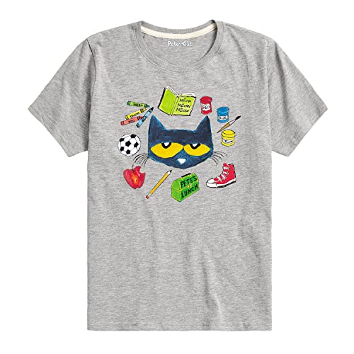 Pete the Cat - with School Stuff - Youth Short Sleeve Graphic T-Shirt - Size Small Athletic Heather