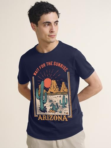 Image of Veirdo Regular Fit Half Sleeves Round Neck Arizona Typographic Printed Pure Cotton T-Shirt for Men (Colors: Green & Navy)