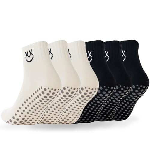 Image of Soxbang 3 /6 Pairs Cute Pilates Socks with Grips,Yoga Socks Barre Sock Non Slip Grip Embroidery for Barre Ballet Workout