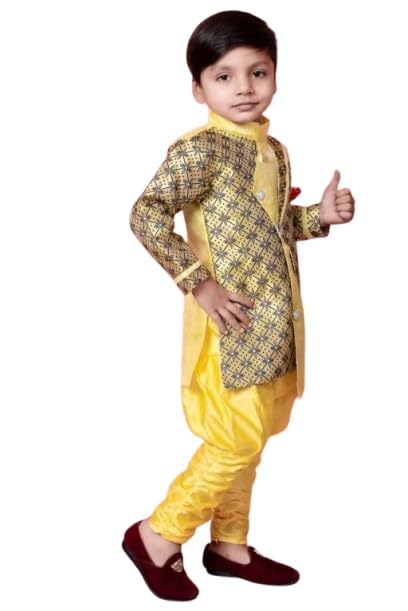 Kids Boys Festive & Party Sherwani Kurta Pyjama Ethnic Set Yellow 1-2 Years
