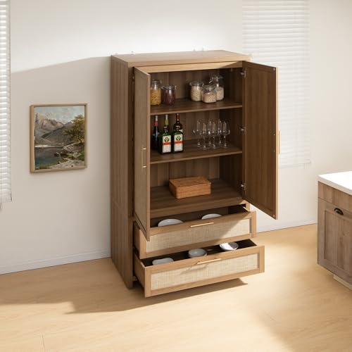 Image of SICOTAS Armoire Wardrobe Closet, Larger Rattan Armoires Wardrobe Cabinet with 2 Drawers and Hanging Rod, Tall Closet Storage Cabinet for Cloak Room, Laundry Room, Bedroom, Oak (3 Pieces)