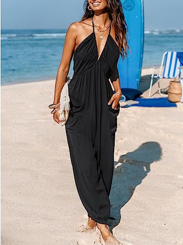 CUPSHE Women's Plunge Halter Sleeveless Pleated Long Romper Knit Jogger Maxi Jumpsuit with Pockets2