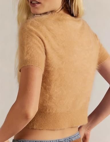 Image of Women's Furry Cropped Sweater Short Sleeve Soft Fuzzy Sweater T Shirt Loose Casual Knit Pullover(0585-Khaki-XS)