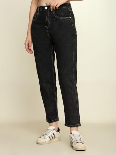 Image of Zayla Women's Mom Fit Cloud Wash Jeans I Full-Length Denim Stretchable High Waist Pant with Curved Pocket I Clean Solid Loose Fit Pants I for Everyday Office Party Girls