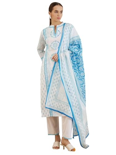 INDO ERA Women's Printed Pure Cotton Calf Length Straight Kurta Pant With Dupatta Set (Kh0Wh6158)