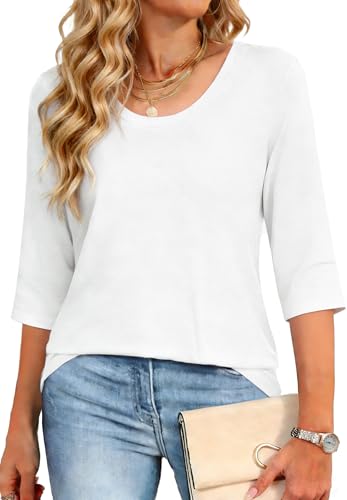 Crewhpo T Shirt Damen mit 3/4-Ärmeln Baumwolle Tunika Sommer Kurzarm Basic Tshirt Einfarbige Casual Top mit Rundhalsausschnitt Stretch Bluse Lockeres Elegant